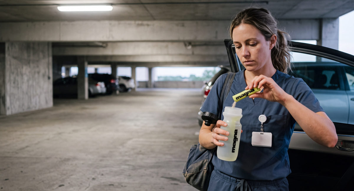 Nurse in scrubs in a parking garage pouring a Magna stick into her water bottle