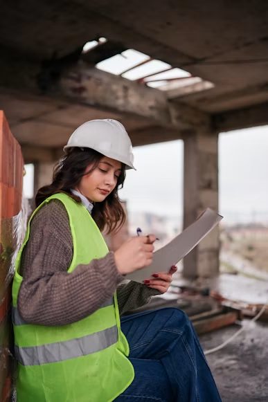 Construction worker in a hard hat and hi-vis vest reviewing plans on a building site